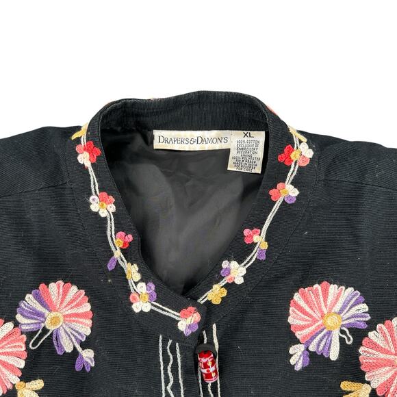 Vintage 90s Draper's and Damon's Black Floral Embroidered Jacket XL Cotton - Picture 3 of 7